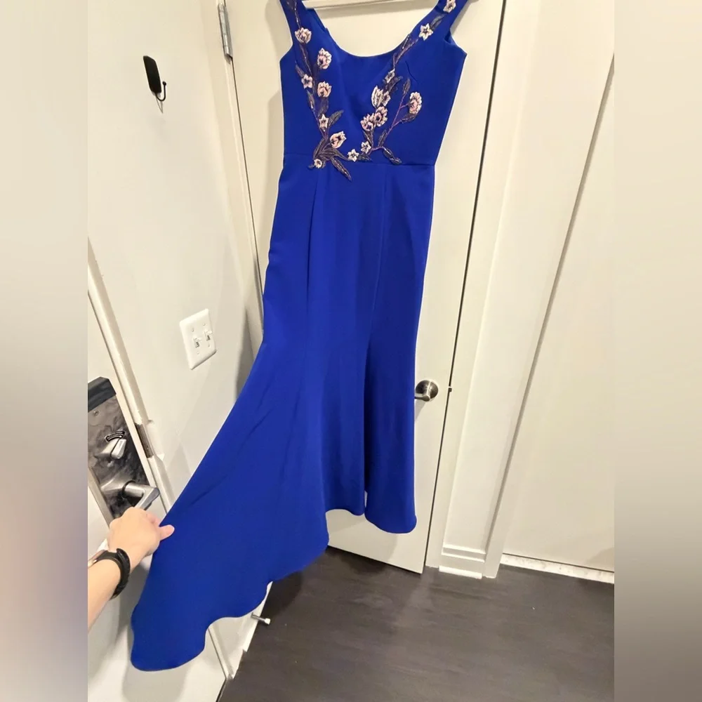 Marchesa Notte Blue Floral Embroidered Long Formal Evening Gown Dress - Picture 13 of 16